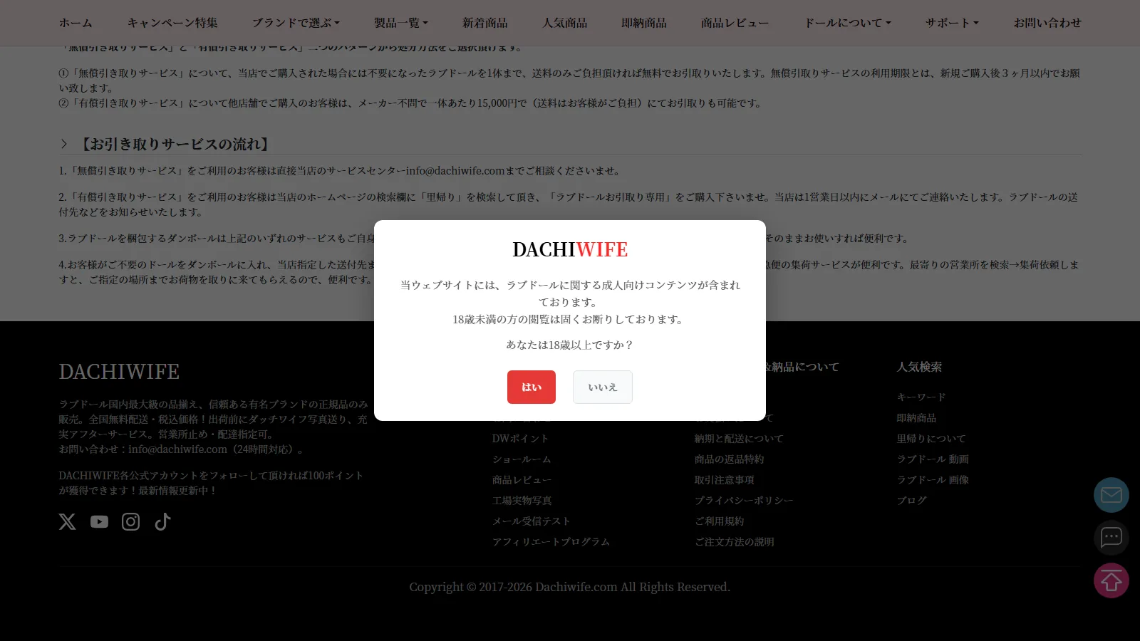 DACHIWIFE 公式「ラブドール里帰り決済専用ページ」お引き取りサービスの流れの説明