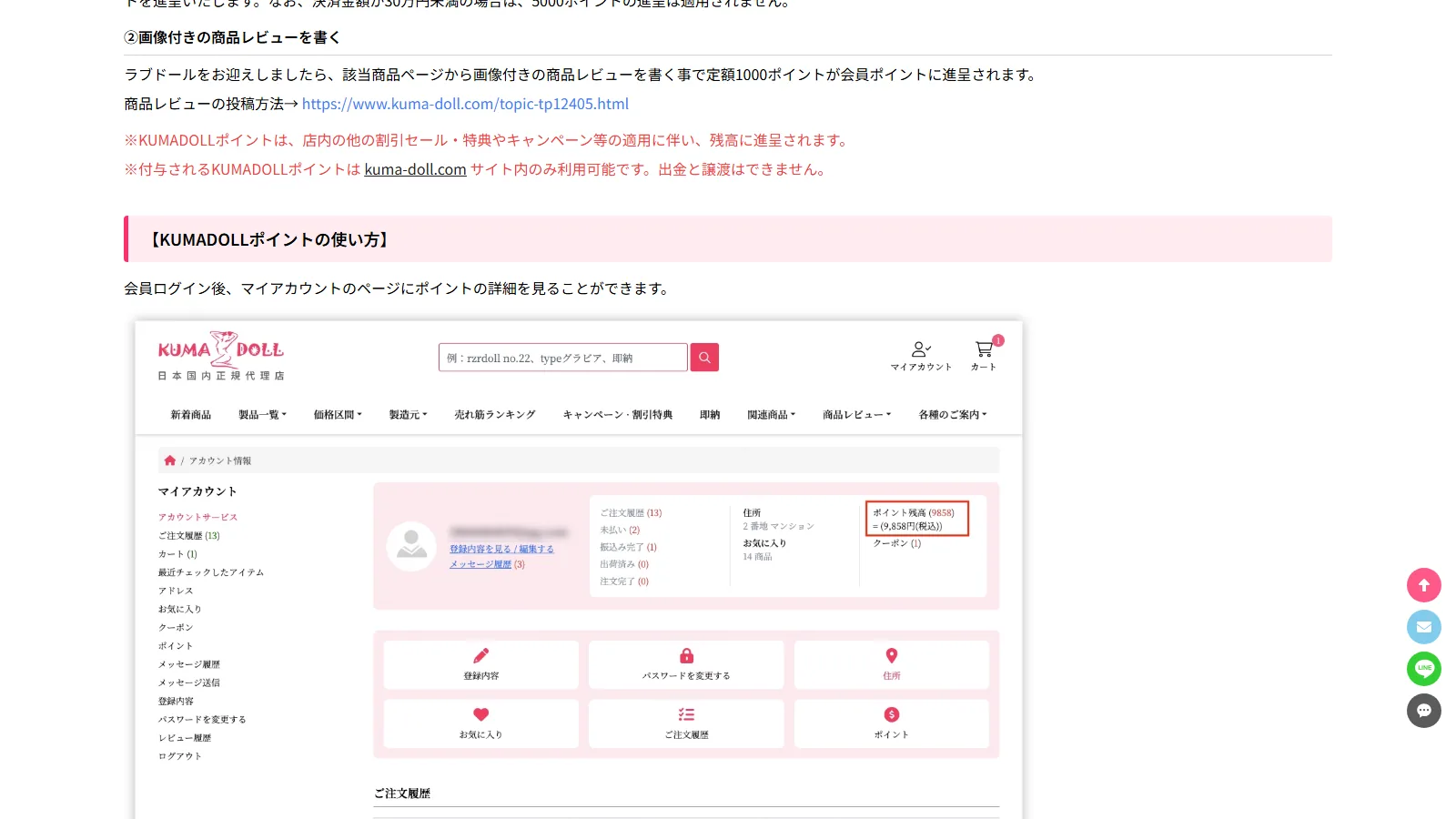 KUMADOLL 公式「KUMADOLLポイント獲得」ページ — 画像付きレビュー投稿で1,000ポイント進呈の案内