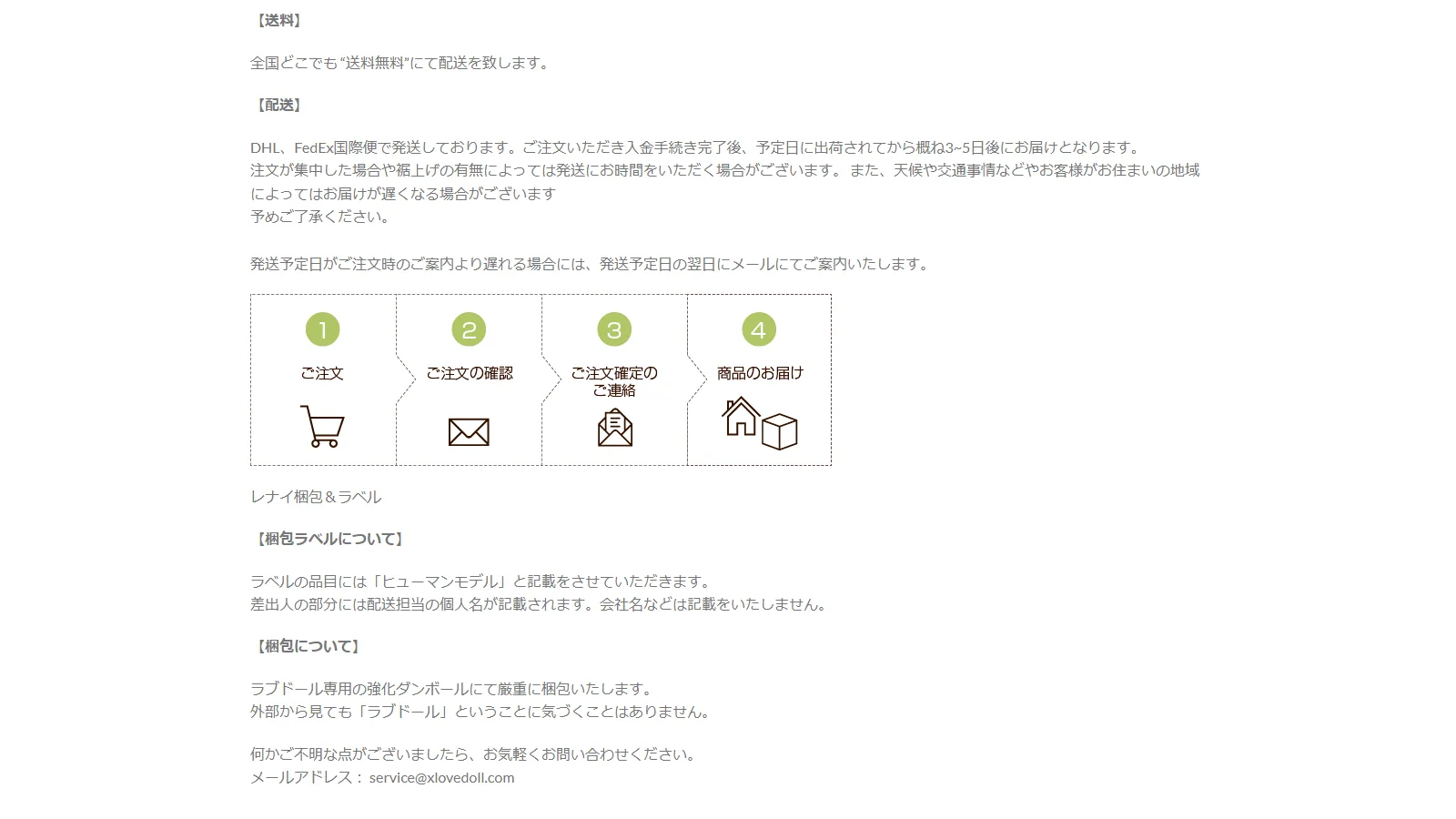 XLoveDoll 公式「送料について」ページ・DHL/FedEx国際便で3-5日配送・全国送料無料の案内